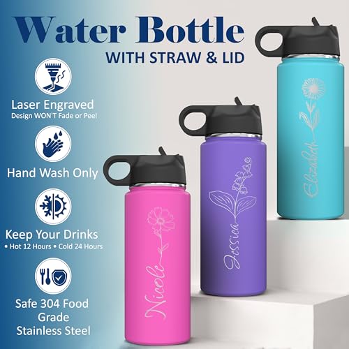 Personalized Birth Flower Name Insulated Stainless Steel Water Bottle 18 oz