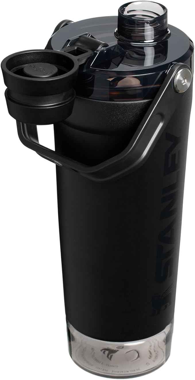 STANLEY Vitalize Shaker Bottle 20 oz | Leakproof Insulated Stainless Steel Shaker Cup | Base Storage and Twist On Fast Flow Lid | Protein Shakes and Pre Workout Powder | BPA-Free | Black