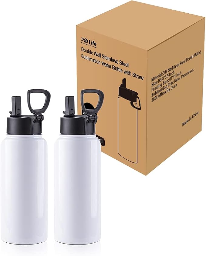 PYD Life 2 Pack Sublimation Blank Tumbler 32 OZ White Vacuum Flask Stainless Steel Sports Wide Mouth Water Bottle with Straw and Portable Handle