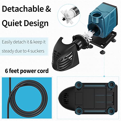 Aquarium 800 GPH Submersible and Inline Water Pump 55W 8ft High Lift AC 120 V Quiet Return Pump with 6 ft. Power Cord for Large Fish Tanks Pond Waterfalls Fountains Sumps and Gardens