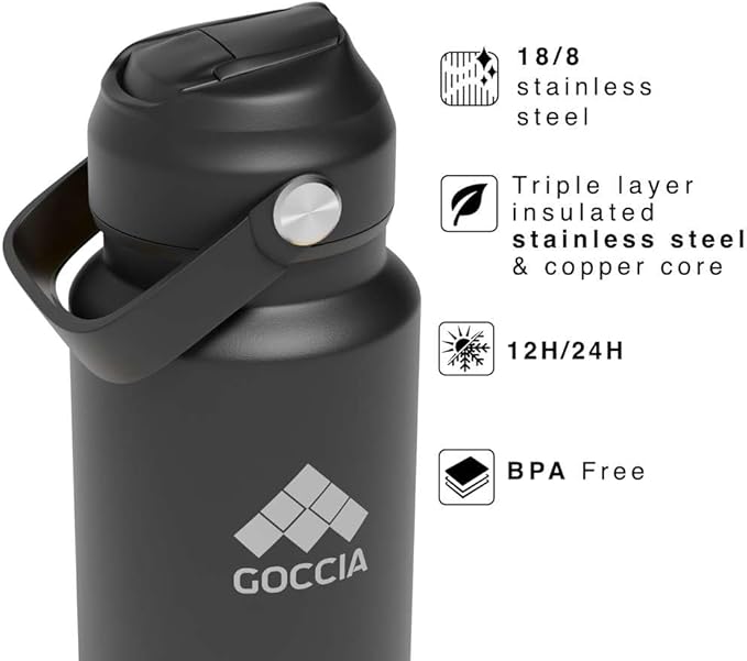 Sip & Scent 2-in-1 Smart Design 30 oz Insulated Water Bottle with Straw and Spout Lids and Refillable Perfume Container – 3-Layer Copper-Core, Leak-Proof Stainless Steel Water Bottle (Black)