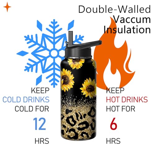 18oz Leopard Sunflower Water Bottle with Handle and Flip Straw