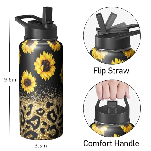 32oz Leopard Sunflower Water Bottle with Handle and Flip Straw