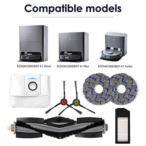 15 Pack) X1 Omni Replacement Parts for ECOVACS DEEBOT DEEBOT X1 Omni X1 PRO Omni X1Omni T10 Omni Robot Vacuum Accessories, 1 Roller Brush, 3 HEPA Filters, 3 Dust Bags, 4 Side Brushes, 4 Mop Pads (15 Count)
