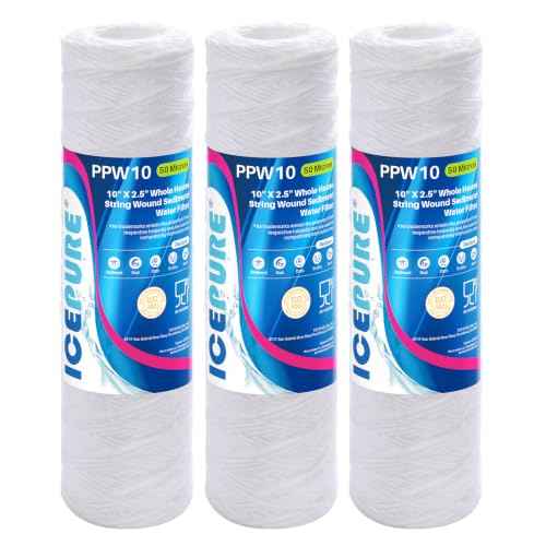 50 Micron 10" x 2.5" String Wound Sediment Water Filter Cartridge for Well filter Universal Replacement for Any 10 inch RO Unit (3 Count)