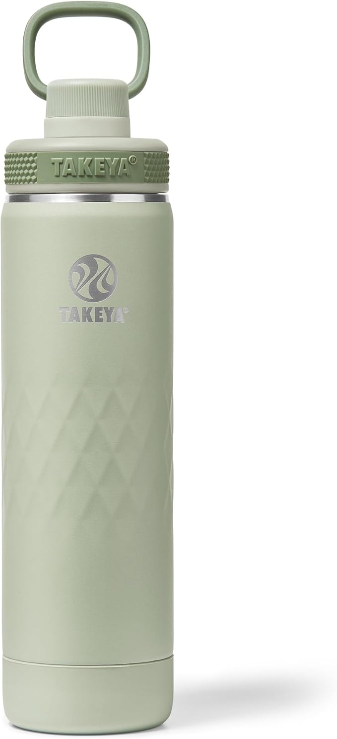 Takeya Sport 22 oz Triple-Insulated Stainless Steel Water Bottle, Spout Lid – Leakproof, Sweatproof, BPA-Free, Keeps Drinks Cold 36 Hrs, Hot 14 Hrs – Eucalyptus