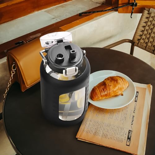 84oz Water Bottle Glass with Stainless Steel Handle Large 2.5l Water Bottle with Time Markers and Silicone Sleeve Half Gallon Water Jug BPA Free for Gym Daily Use