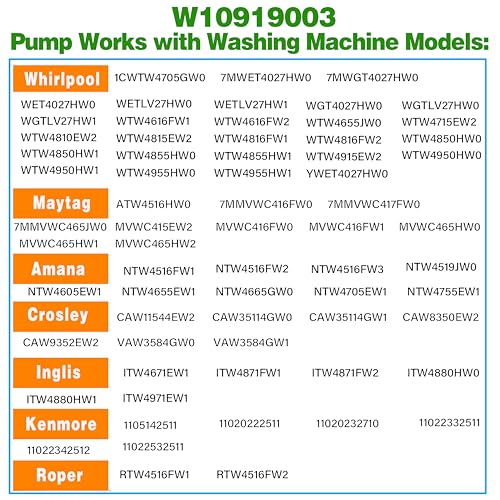 W10919003 W10775446 Washer Drain Pump Compatible With Whirlpool Kenmore Maytag Clothes Washer Washing Machine Water Drain Pump and Motor Replacement Parts for