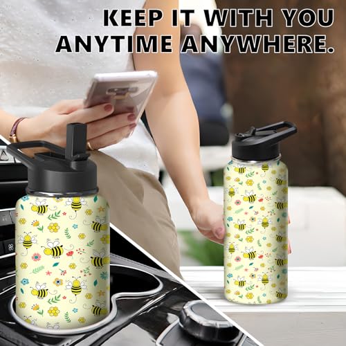 32oz Bee Water Bottle with Handle and Flip Straw
