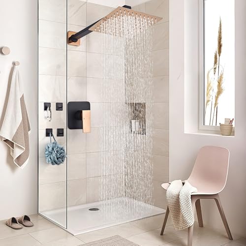 Shower Faucet Set Bathroom Matte Black and Rose Gold Rainfall Shower System Wall Mount with 8 Inch Square Shower Head