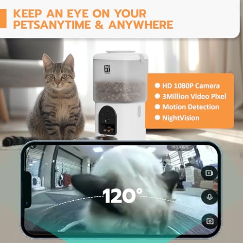 7L 2-in-1 Automatic Cat Feeder with Camera and Water Fountain Dispenser 1080P HD Video 2.4G&5G WiFi Timed Auto Feeder with APP Control,Multiple Cats, Detachable for Easy Clean-White