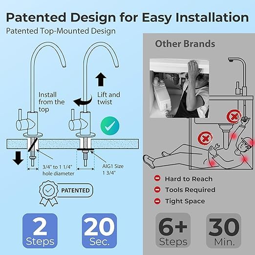 RCC1UP-AK-BLK, 7-Stage Alkaline UV Reverse Osmosis Water Filter with Booster Pump, Sleek Black RO Faucet TDS PFAS Microplastic Removal, Patented Top-Mounted Faucet Design for Easy Installation