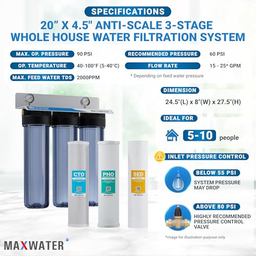 3 Stage Whole House Water Filter System with Sediment + Phosphate Anti Scale