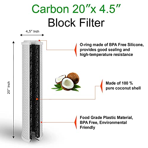 High Capacity Coconut Shell Carbon Block Water Filter 5 Micron Cartridge 4.5" x 20" for Universal Whole House System WELL