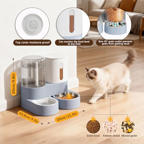 Automatic Gravity Cat Dog Feeder and Water Dispenser with 304 Stainless Steel Bowls 2 in 1 360 Degree Rotatable Auto 2.4L Dry Food and 2.6L Water Bowl for Small Medium Pet Dog Puppy Kitten