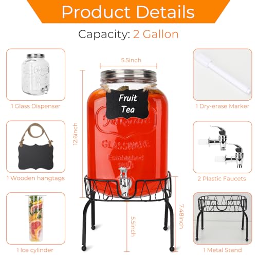 1 Pack 2 Gallon Glass Drink Dispensers with Stand