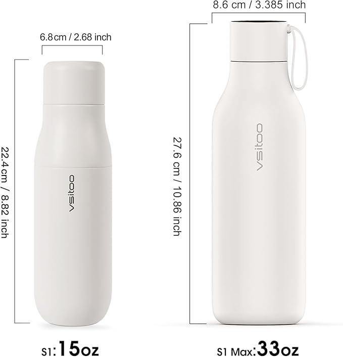 Vsitoo Self Cleaning Water Bottle - 15oz Stainless Steel, AI Self-Clean, 30-Day Battery, Magnetic Charging, BPA-Free for Travel/Gym/Office, No App Needed, White