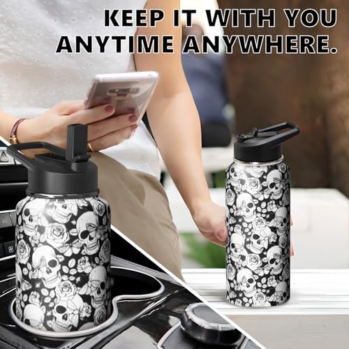 32oz Skull Water Bottle with Handle and Flip Straw
