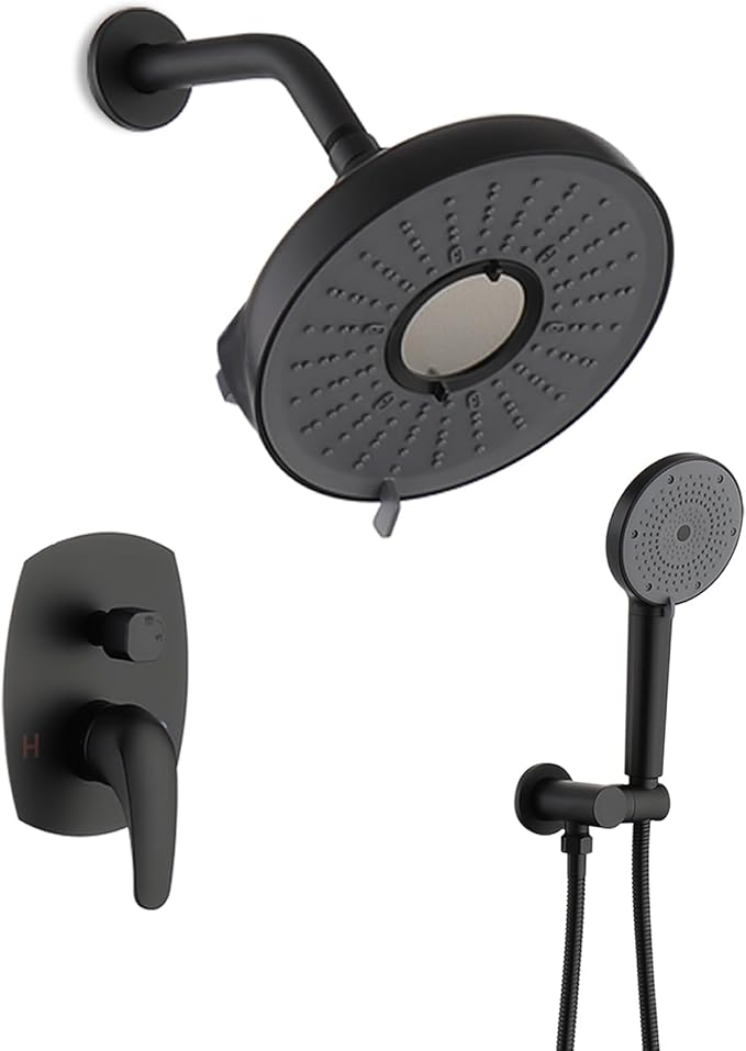 Shower System, Wall Mounted Shower Faucet Set with Filter, High Pressure Rain Shower Head with Handheld Spray Combo with Filter for Hard Water, Matte Black Rectangular Valve