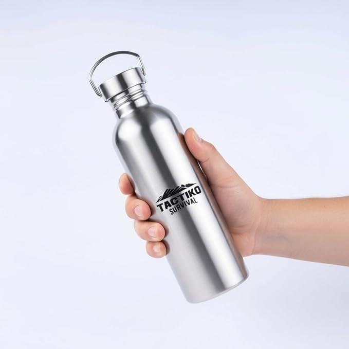 Tactiko Survival 25 oz/750 ml Stainless Steel Wide Mouth Water Bottle, Single Wall Boil-Safe, Leakproof, BPA-Free with Carry Sleeve and Strap for Camping, Hiking, Outdoor Prep (Tan)