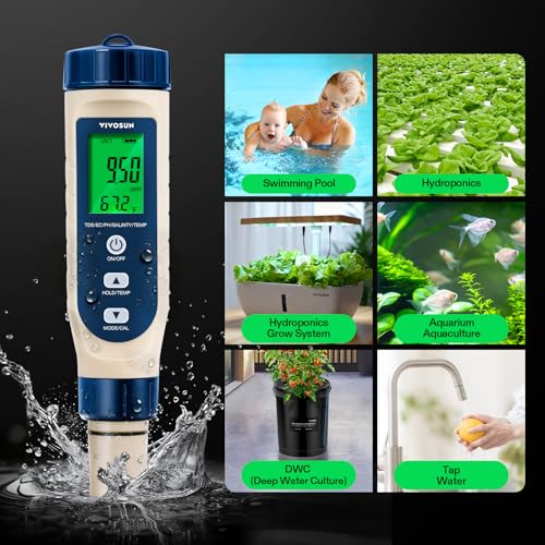5-in-1 Digital PH Meter with PH/Salinity/TDS/EC/Temperature Function, Backlight Screen, IP67 Waterproof for Hydroponics, Home Drinking, Pool and Aquarium