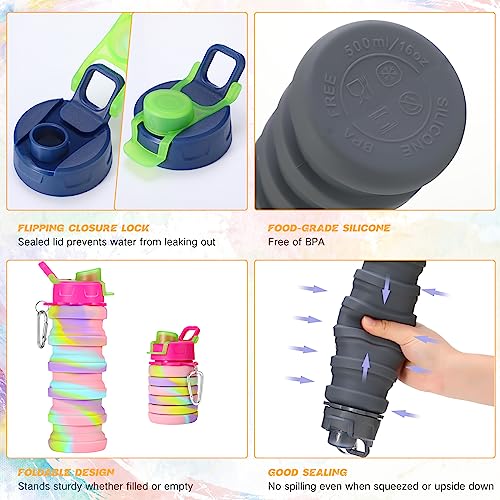 20 Pack Collapsible Water Bottles Bulk Foldable Water Bottles 17oz Silicone Portable Leak Proof Reusable Sports with Clip for Travel Hiking Camping Outdoor (20 Count)
