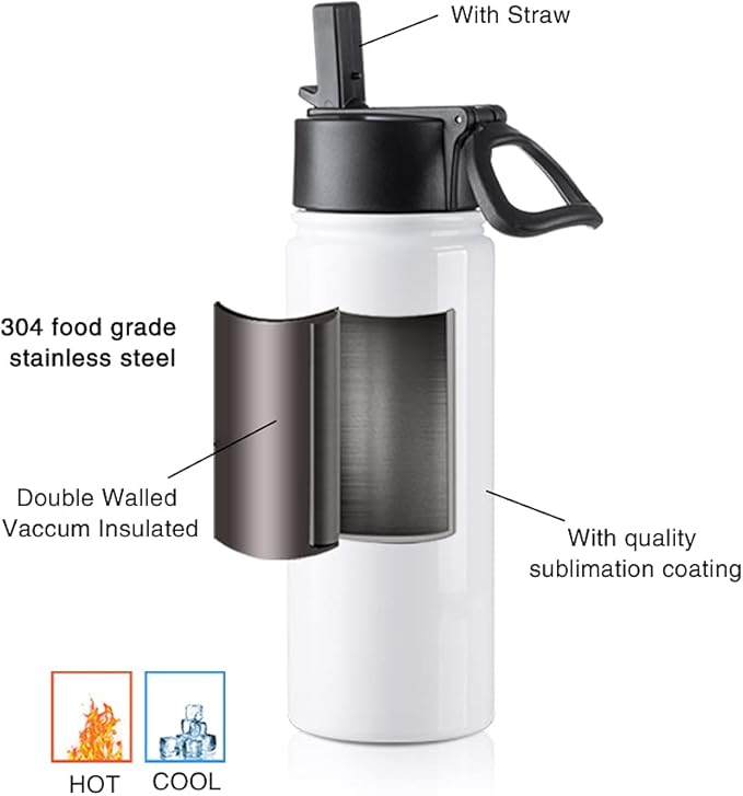 PYD Life 4 Pack Sublimation Blank Kids Tumbler White Sports Water Bottles 18 OZ Wide Mouth Stainless Steel Vacuum Flask with Straw and Portable Handle for Tumbler Press Machine Sublimation Print