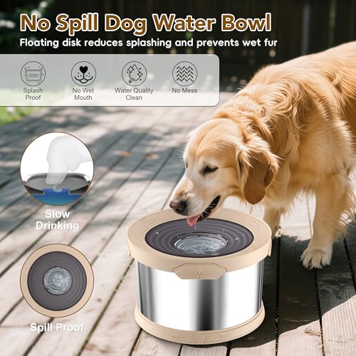 10L Dog Water Bowl No Spill Stainless Steel for Slow Drinking Beige