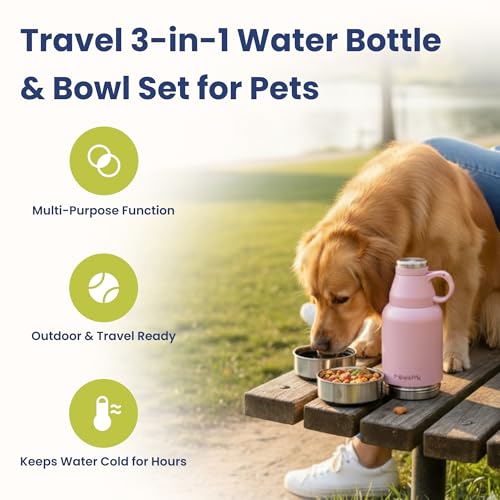 3-in-1 Travel Dog Water Bottle & Bowl Set, 32oz, Pink
