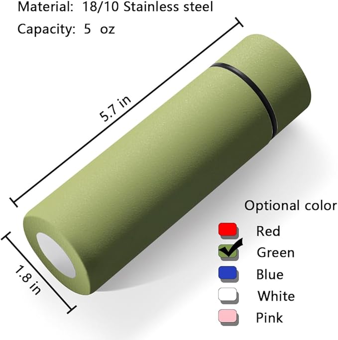 5 oz Mini Thermos Cute Water Bottle - Insulated Stainless Steel Bottle - Keeps Cold for 12 hours, Hot for 6 hours - Green