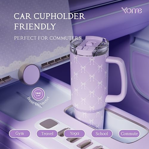 DetaClean 40oz Elegant Purple Bow Tumbler with Handle and Flip Straw for Women