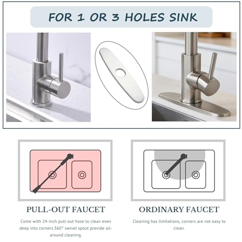 Kitchen Faucet with Pull Down Sprayer SUS304 Stainless Steel High Arc Brushed Nickel Pull Out Kitchen Sink Faucets Utility Laundry Farmhouse Camper Rv Modern for 1 or 3 Hole Sink