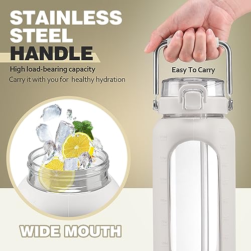 64oz Water Bottle Glass with Stainless Steel Handle Large Water Bottle with Time Markers and Silicone Sleeve Half Gallon Water Jug BPA Free for Gym Daily Use