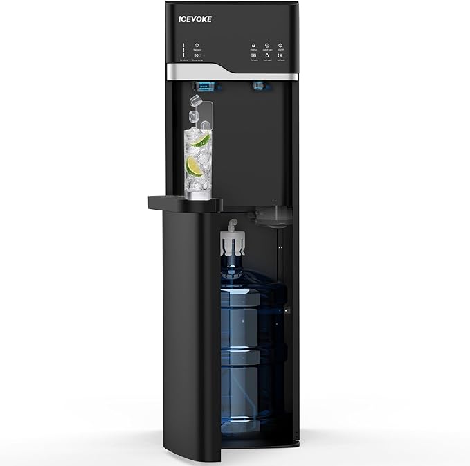 4-in-1 Self-Cleaning Ice & Water Machine - Hot & Cold Bottom Loading Water Cooler Dispenser for 5 Gal Bottle - Built-in Bullet Ice Maker - 22LBS/Day Ice Making, Black