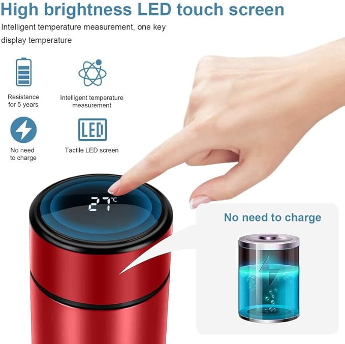 Smart Water Bottle Stainless Steel Vacuum Flask,Travel Mug with Smart LCD Touch Screen, Keep Hot Or Cold, Car Portable Travel Tea Coffee Vacuum Thermo Cup,Insulated Water Bottle (Red)