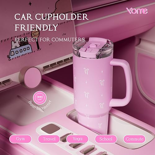 DetaClean 40oz Elegant Bow Pink Tumbler with Handle and Flip Straw for Women