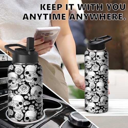 40oz Skull Water Bottle with Handle and Flip Straw