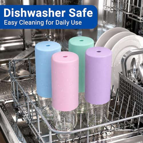 16 oz Glass Water Bottles with Lids and Silicone Sleeve 4 Pack
