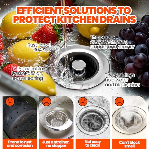 3 in 1 Kitchen Sink Drain Strainer Stopper Basket Pop Up Black
