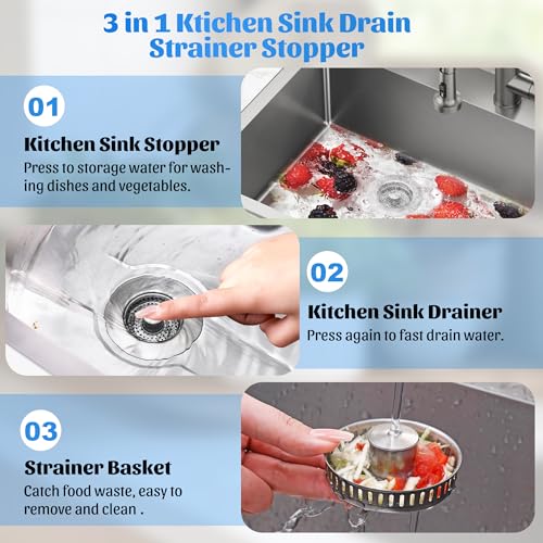 3-in-1 Kitchen Sink Drain Strainers, Pop-Up Sink Stoppers