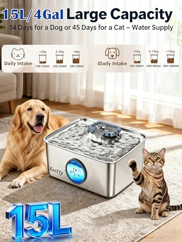 15L 4 Gal Stainless Steel Dog Water Fountain for Large Dogs