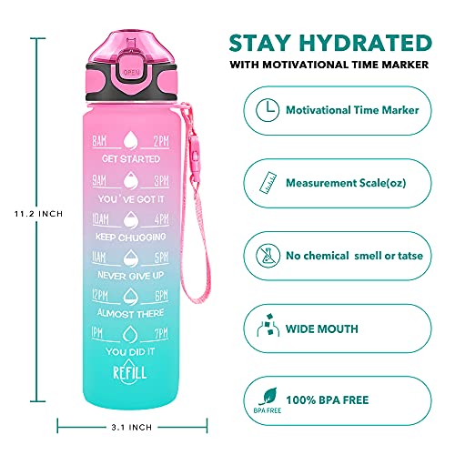 32 oz Drinking Water Bottle with Times to Drink and Straw