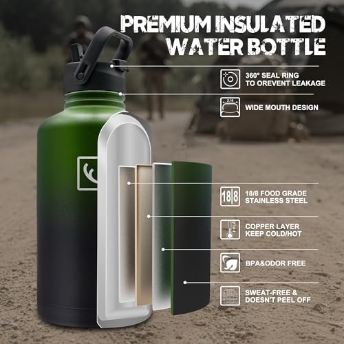 64 oz Tactical Water Bottle with MOLLE Bottle Pouch & 3 Lids