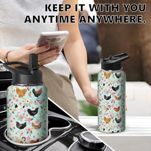 32oz Chicken Water Bottle with Handle and Flip Straw