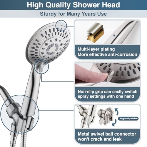9 Spray Settings Shower Head with Handheld High Pressure Brushed Nickel Hand Held Showerhead with 60 Inch Stainless Steel Hose and Adjustable Overhead Bracket