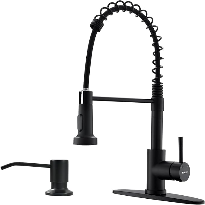 WEWE Black Kitchen Faucet with Soap Dispenser, Kitchen Sink Faucet with Pull Down Sprayer Stainless Steel Single Handle High Arc Pull Out Matte Black Faucet for Bar Laundry RV Utility
