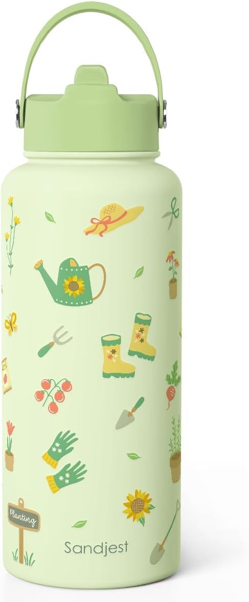 Gardening Gift for Women, Water Bottle Stainless Steel 32oz with Lid & Straw, Plants Lover Insulated Bottles Gifts for Girls Friends Teens Birthday Christmas