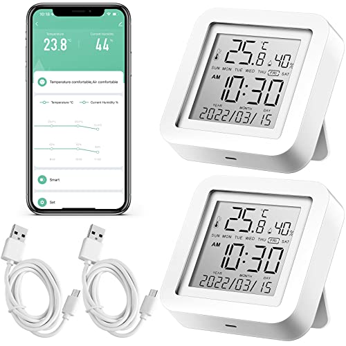 2 Pcs Smart Wireless Temperature Monitor Humidity Monitor Wireless Hygrometer Thermometer Digital Room Compatible with APP Notification Alert and LCD Display House (2 Count)