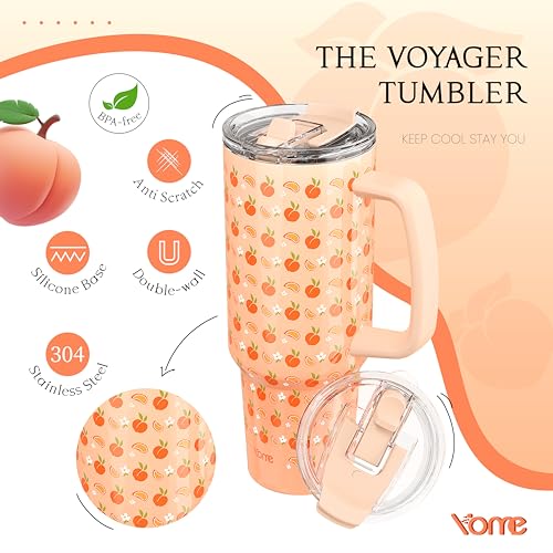 40 oz Summer Peach Tumbler with Handle and Flip Straw for Women