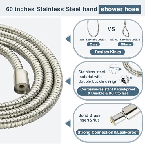 9 Spray Settings Shower Head with Handheld High Pressure Brushed Nickel Hand Held Showerhead with 60 Inch Stainless Steel Hose and Adjustable Overhead Bracket
